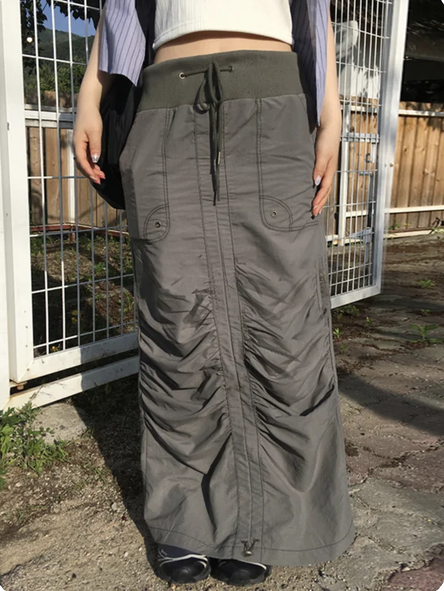 Color Block Drawstring Plain Cargo Maxi Skirt