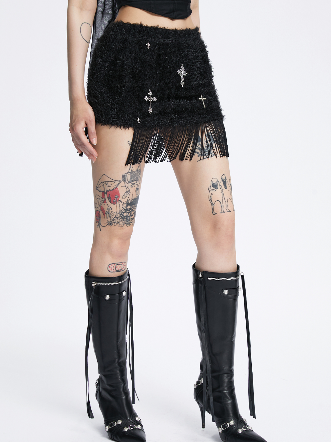 Y2k Black Knit Fringe Cross Bottom Skirt