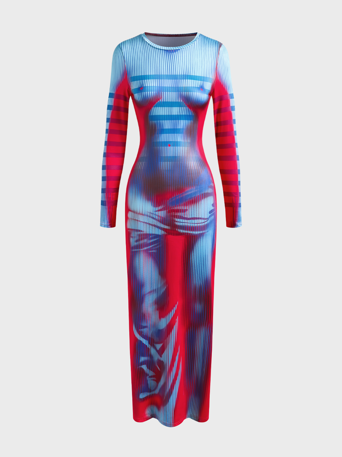 Body Print Crew Neck Human Body Long Sleeve Maxi Dress