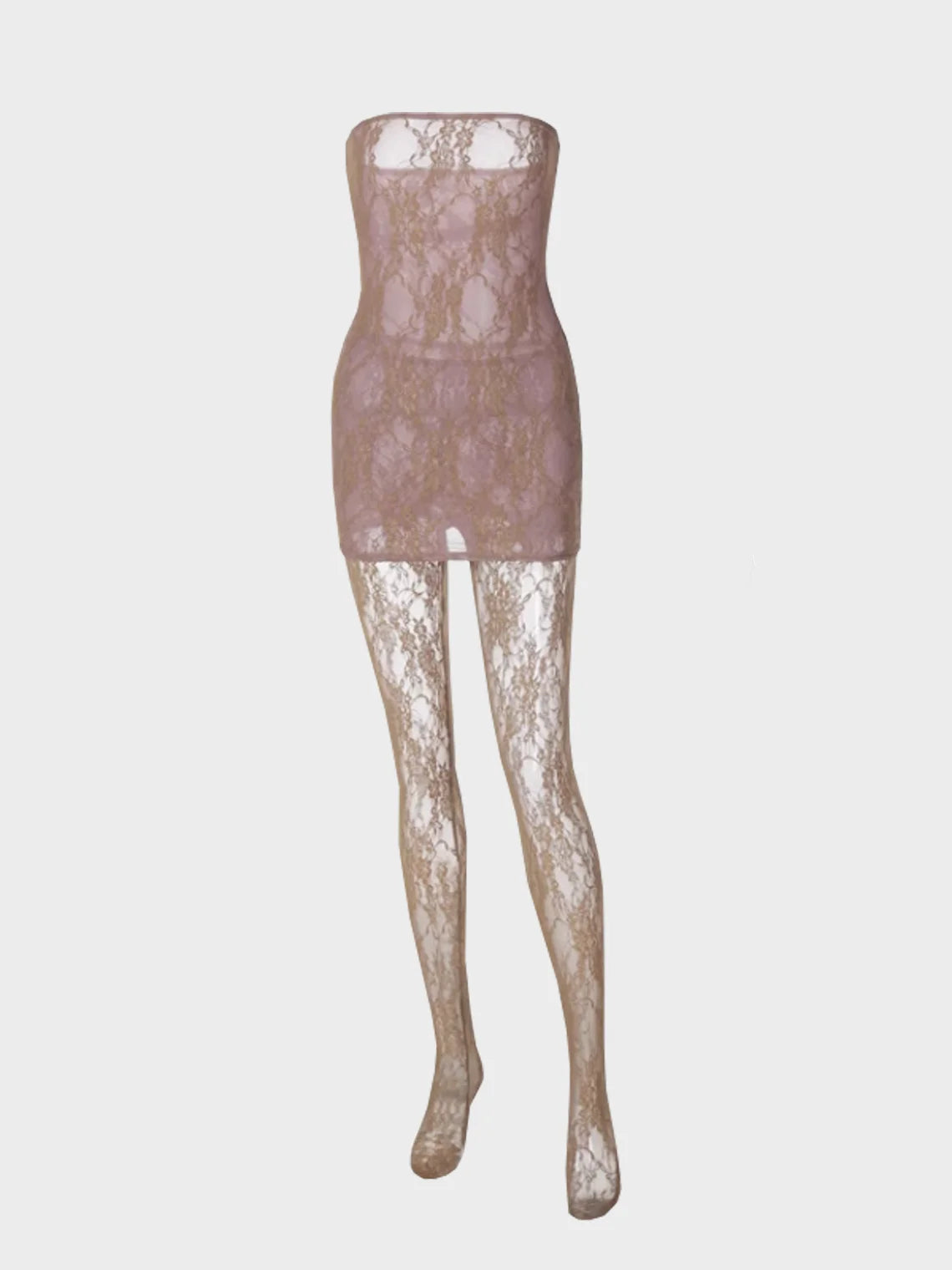 Lace Mesh Plain Tube Dress With Tights Two-Piece Set