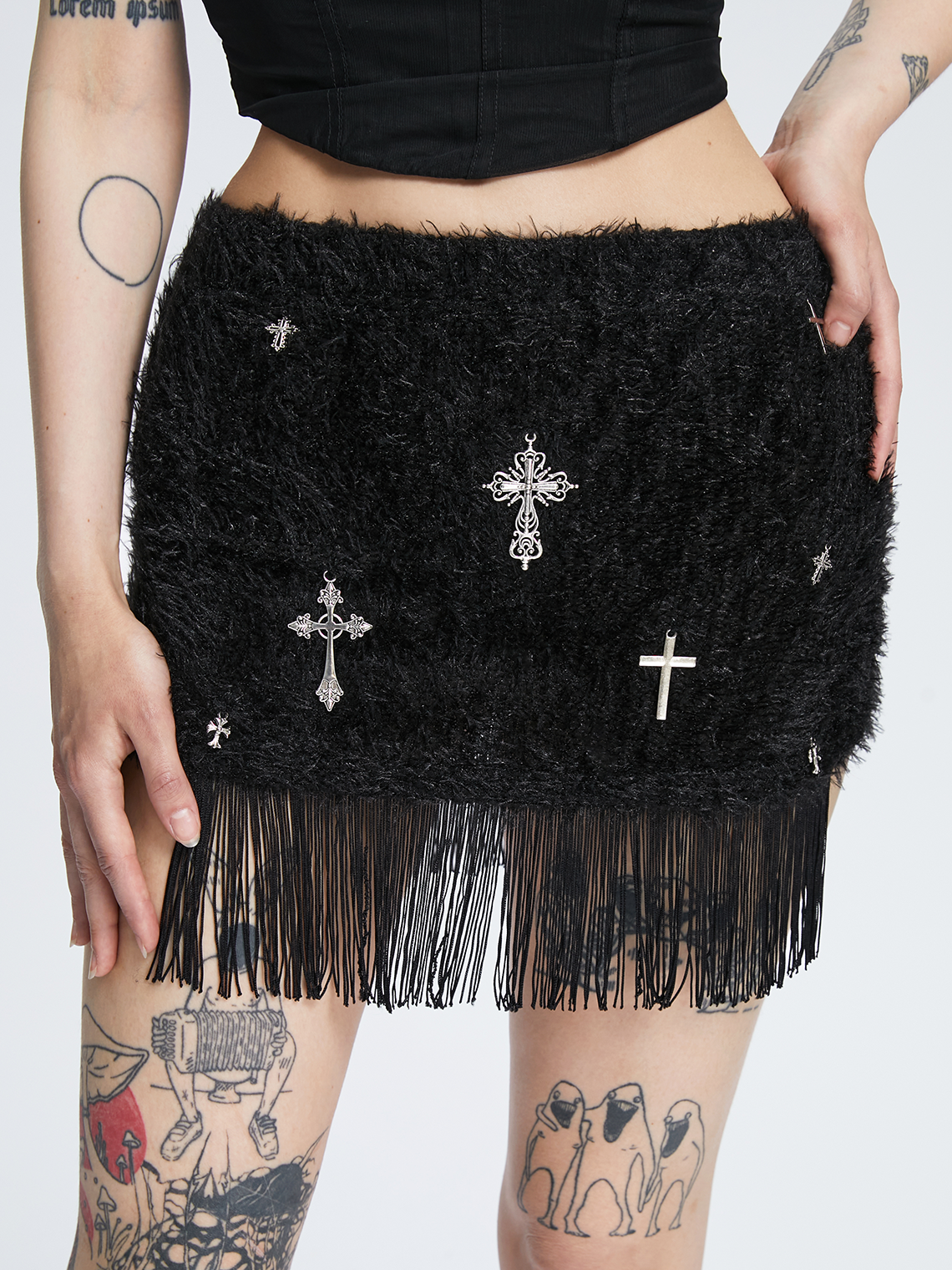 Y2k Black Knit Fringe Cross Bottom Skirt