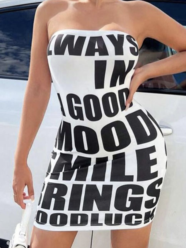 Strapless Text Letters Sleeveless Short Dress