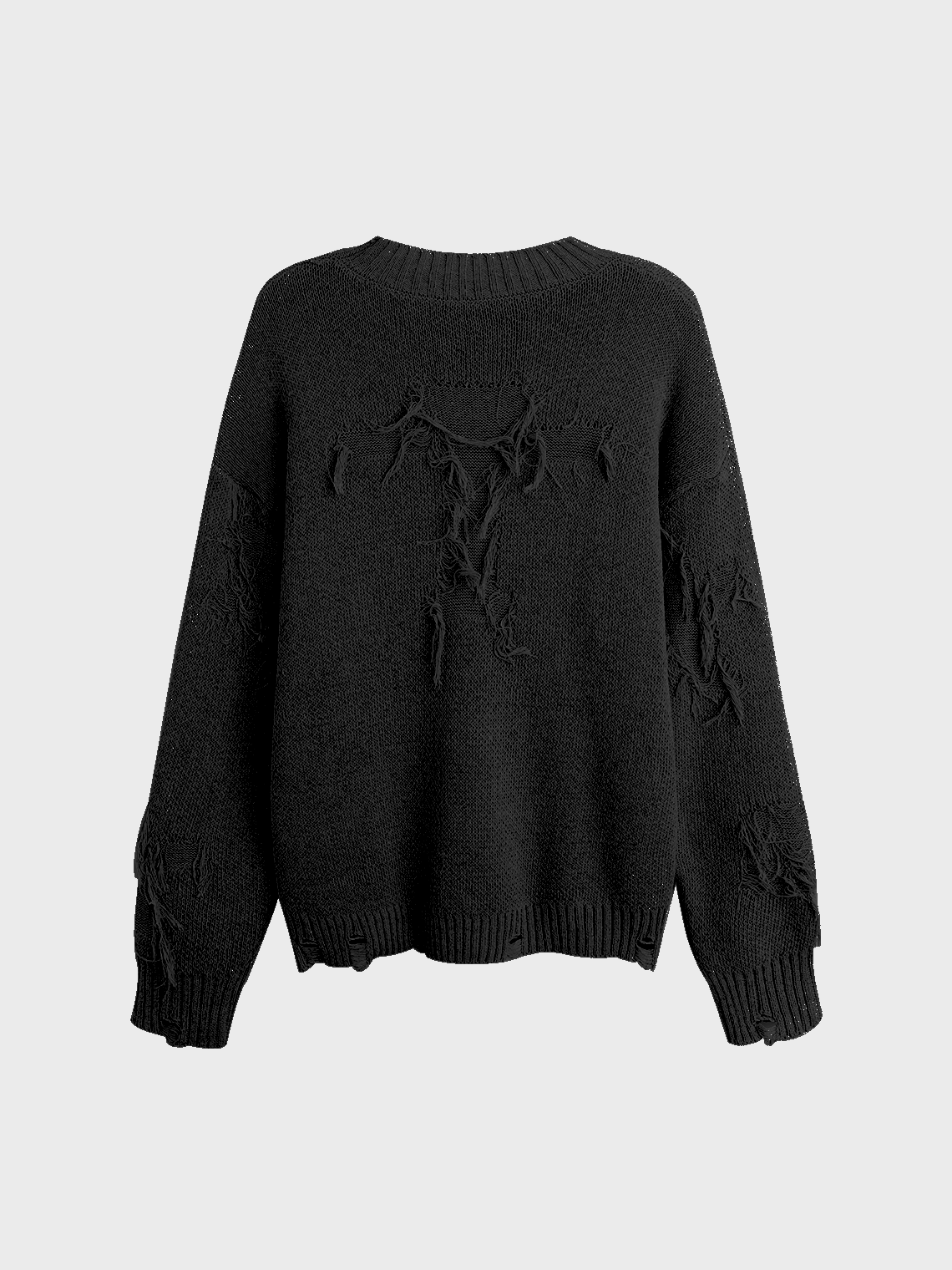 Knitted Raw Edge Crew Neck Cross Long Sleeve Sweater