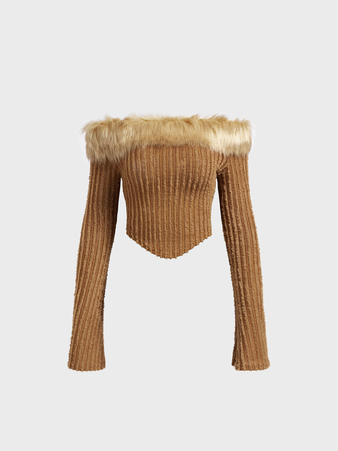 Fuzzy Trim Boat Neck Plain Long Sleeve Crop Top