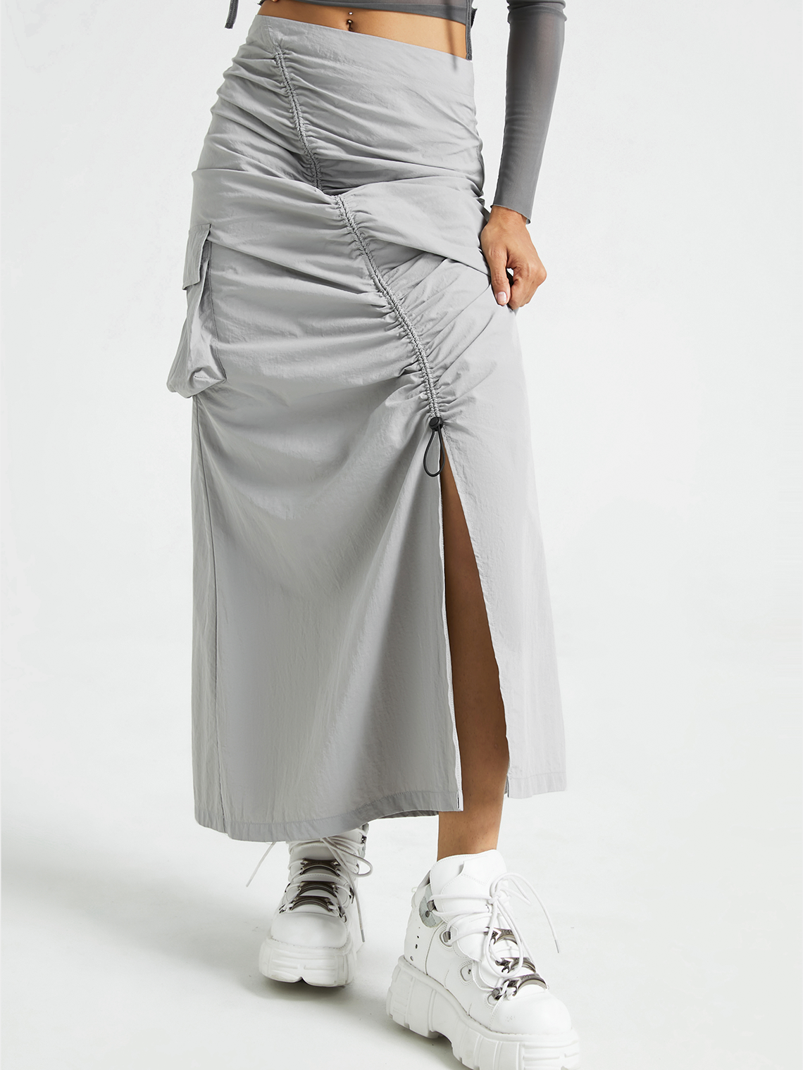 Gorpcore Cargo Pockets Plain Maxi Skirt