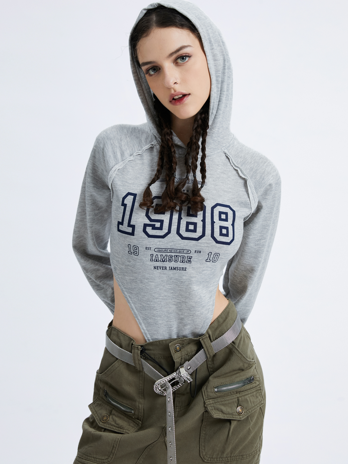 Activewear Street Gray Hoodie Letter Vintage Bodysuit