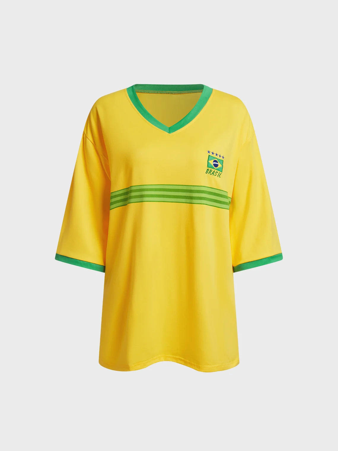 Brasil V Neck Color Block Short Sleeve T-Shirt