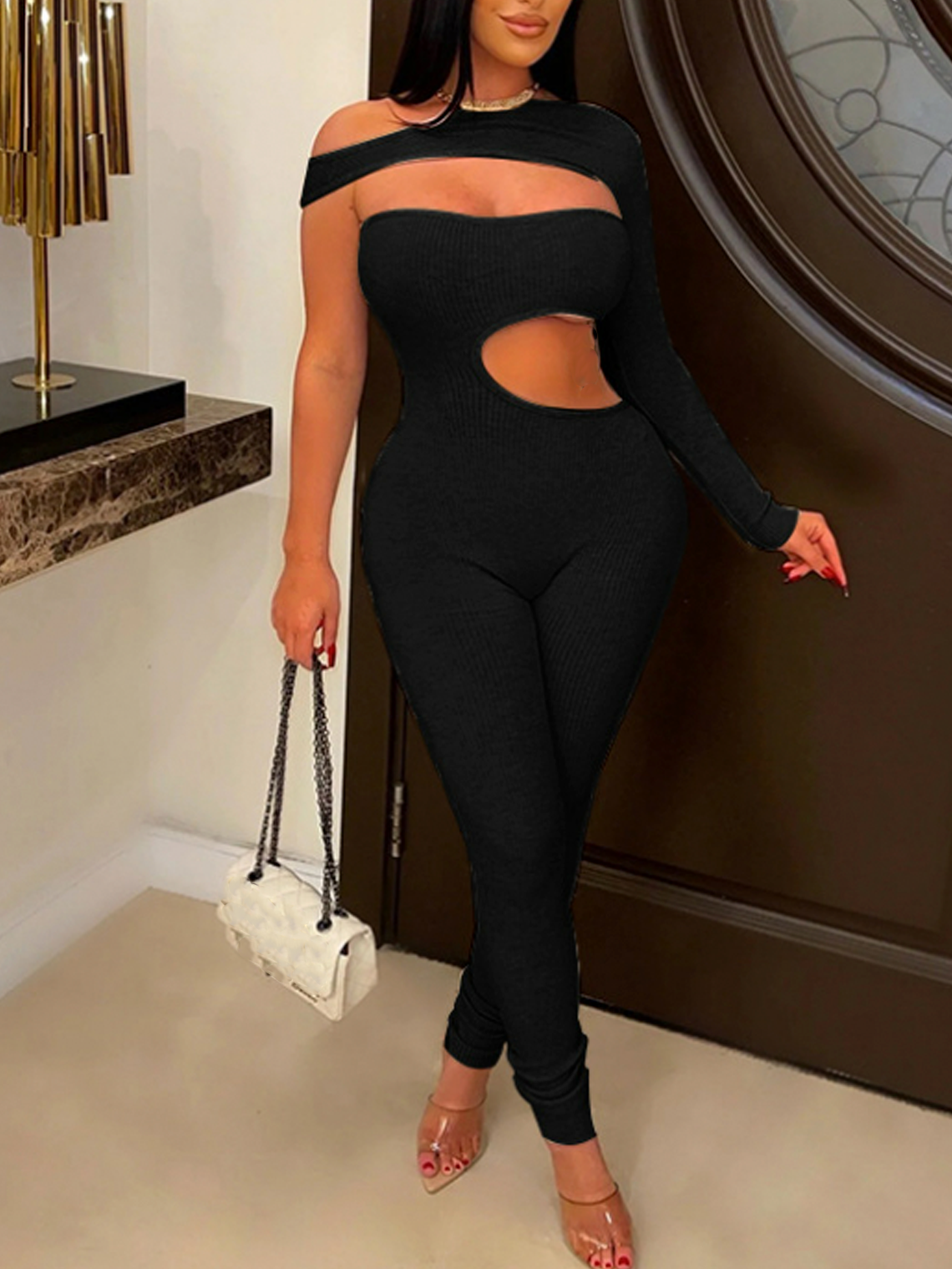 Cut Out One Shoulder Plain Long Sleeve Jumpsuit