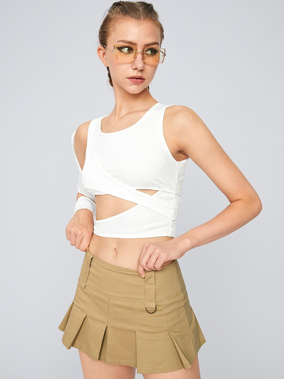 Y2K White One Shoulder Cut Out Top Women Top