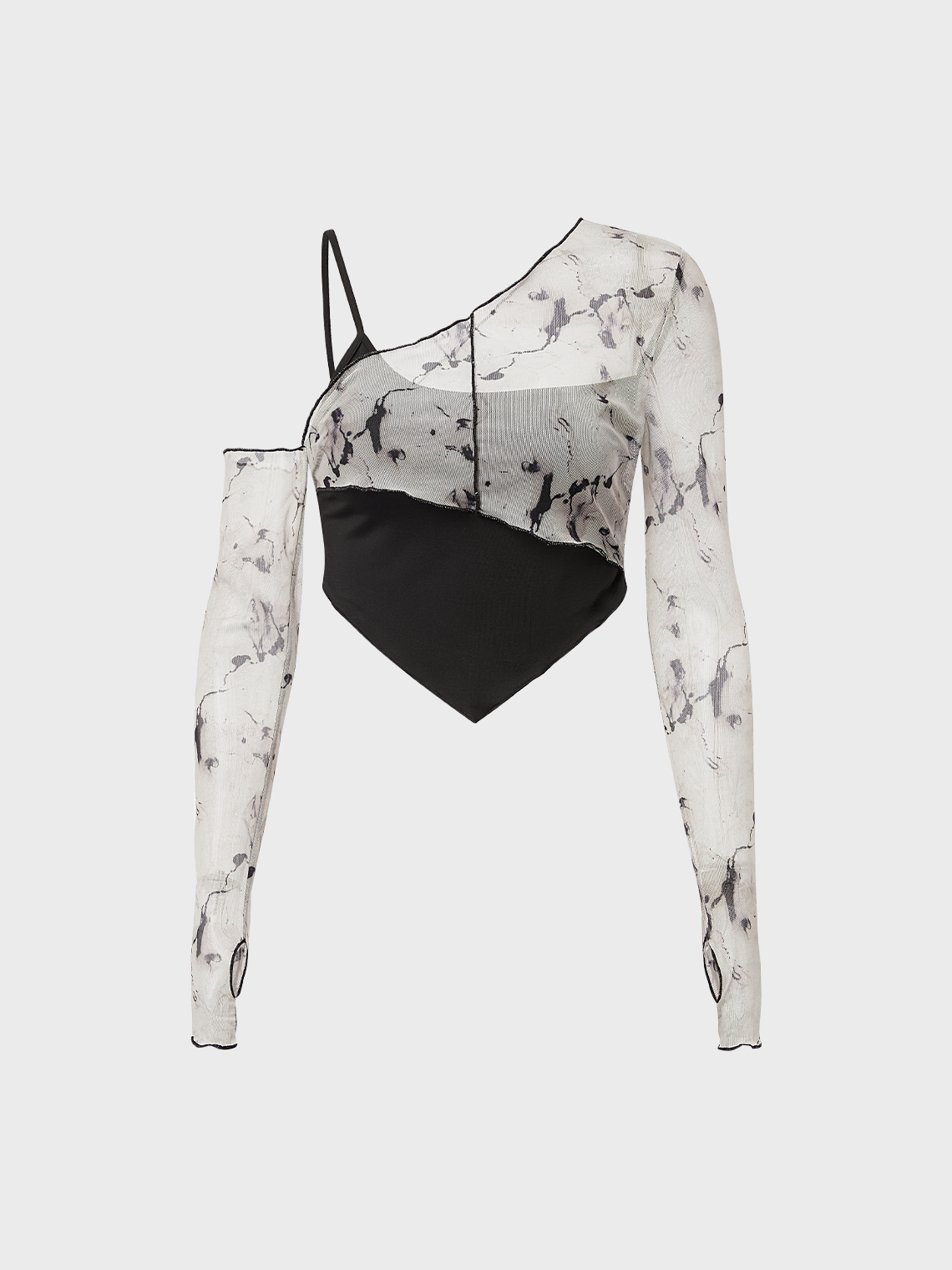 Edgy Gray Marbling Asymmetrical Design Mesh Top Women Top