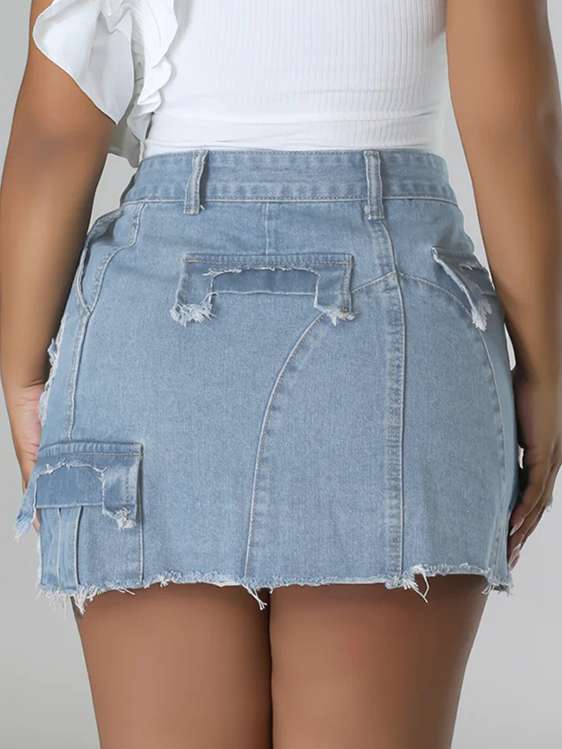 Raw Edge Pockets Plain Short Denim Skirt