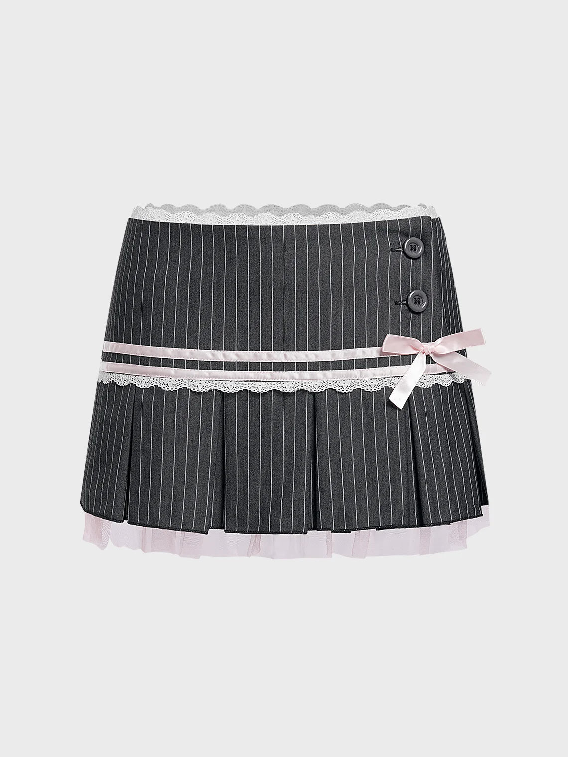 Lace Trim Stripe Pleated Short Skirt