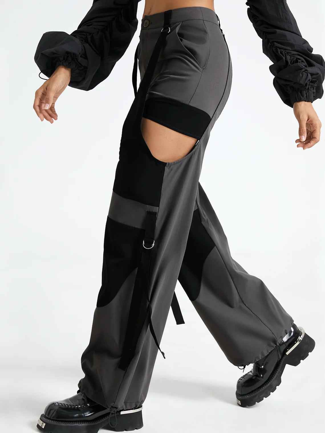 Polyester Cotton Color Block Cut Out Cargo Pants