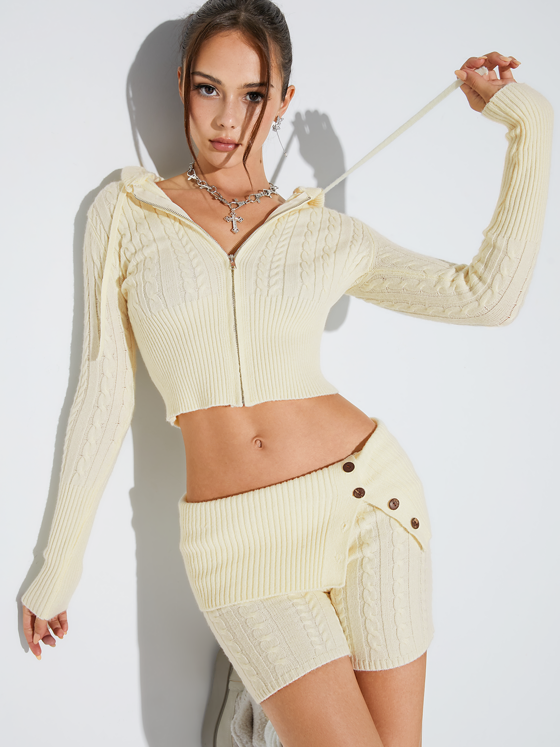 Knitted Hooded Zipper Plain Cardigan With Shorts Two-Piece Set