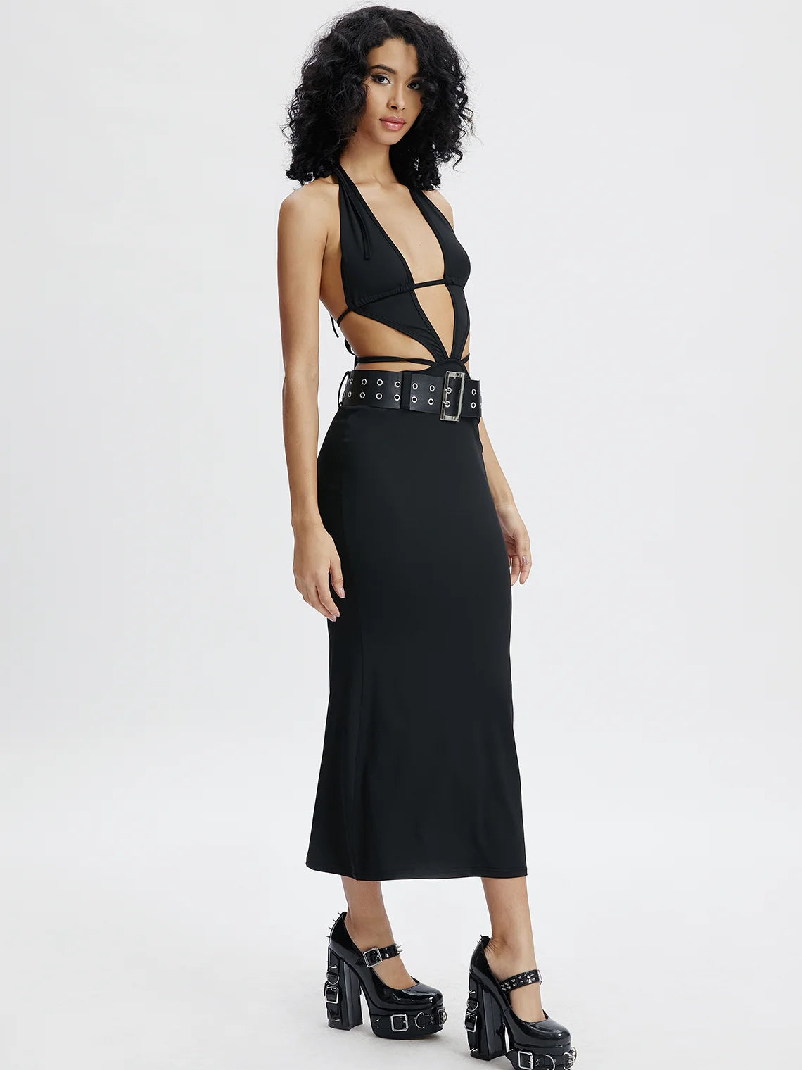 Lace Up Belt Halter Plain Sleeveless Maxi Dress