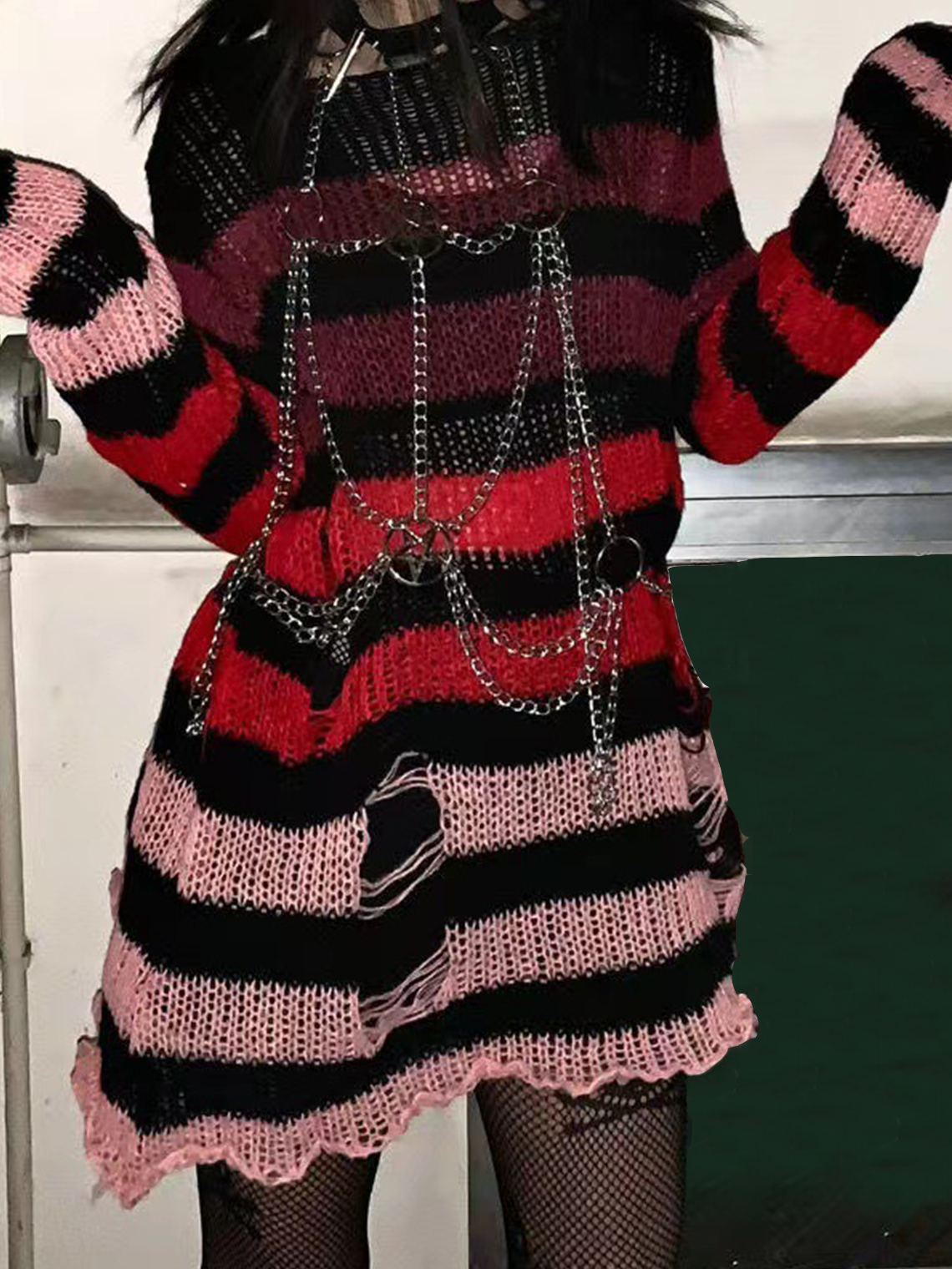 Hollow Out Crew Neck Striped Long Sleeve Short Sweater Dress