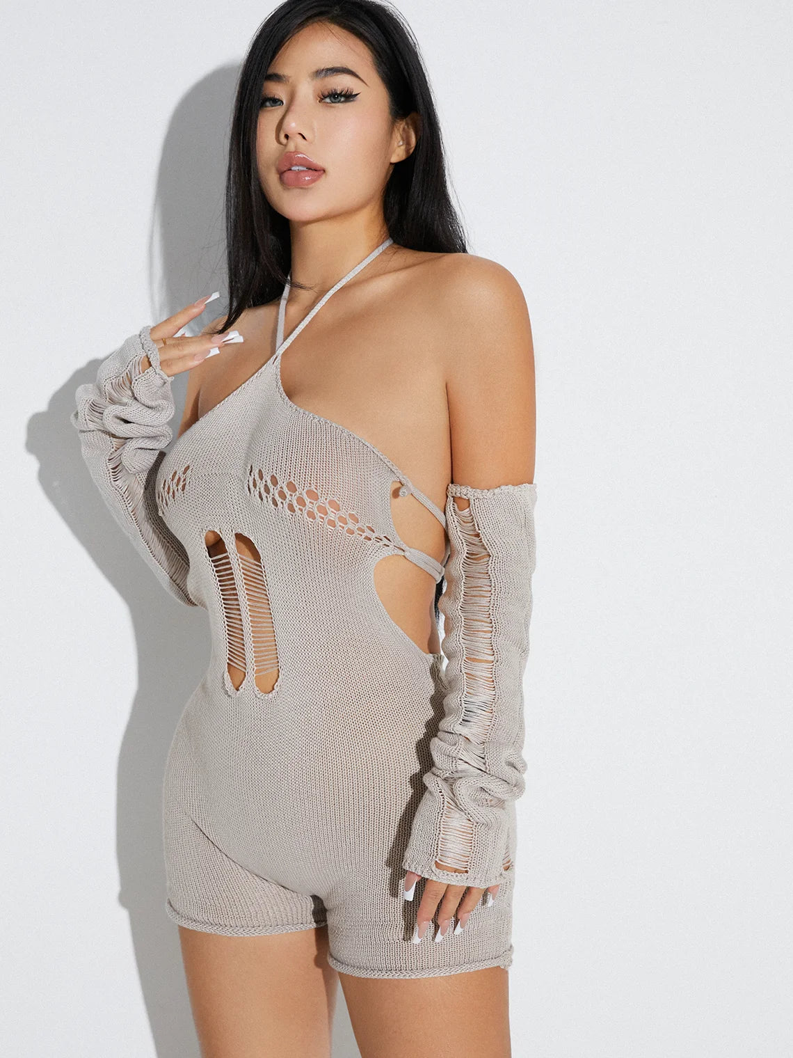 Knitted Cut Out Backless Spaghetti Plain Romper