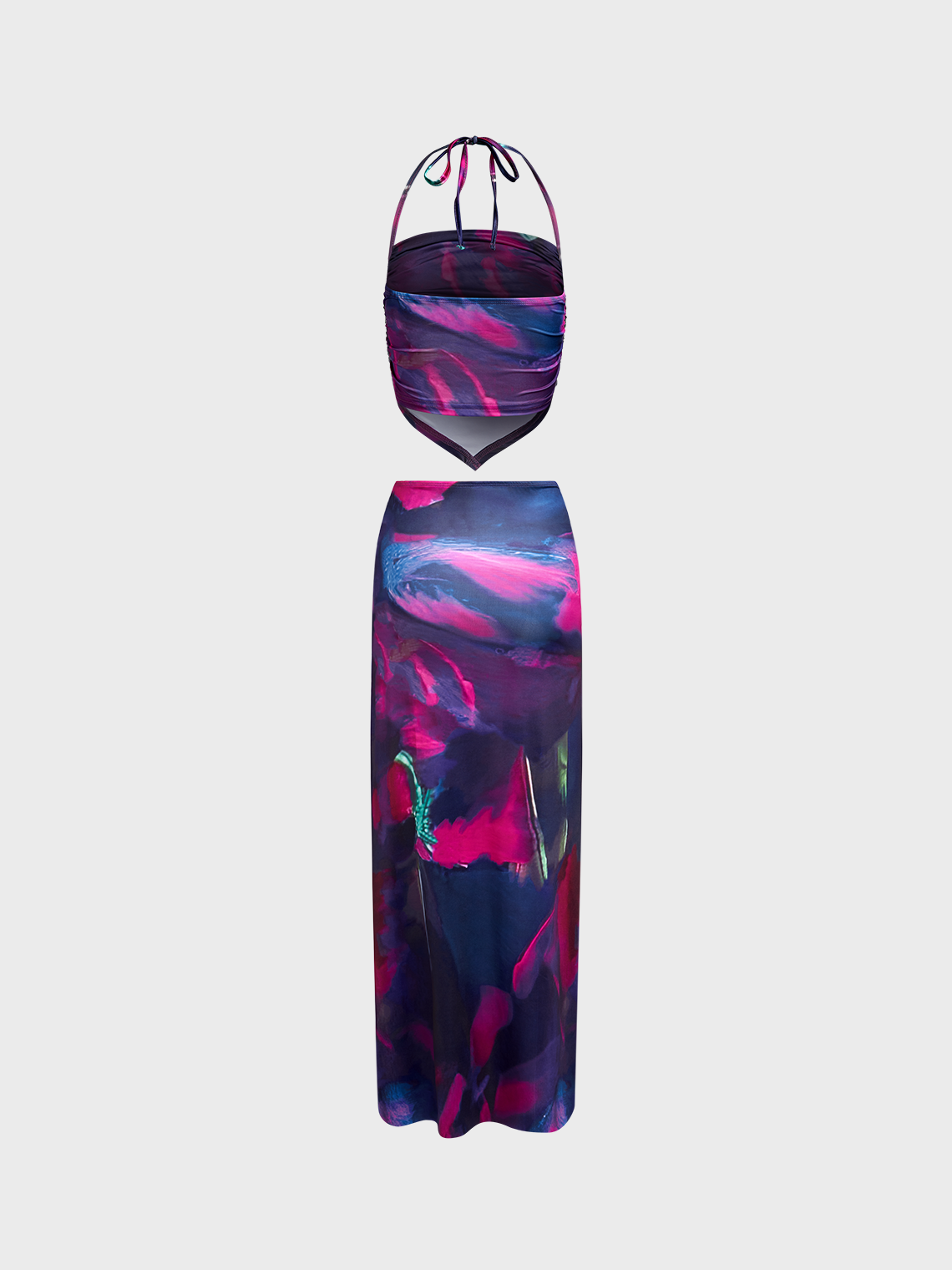 Drawstring Tie Dye Halter Top With Side Slit Skirt Two-Piece Set