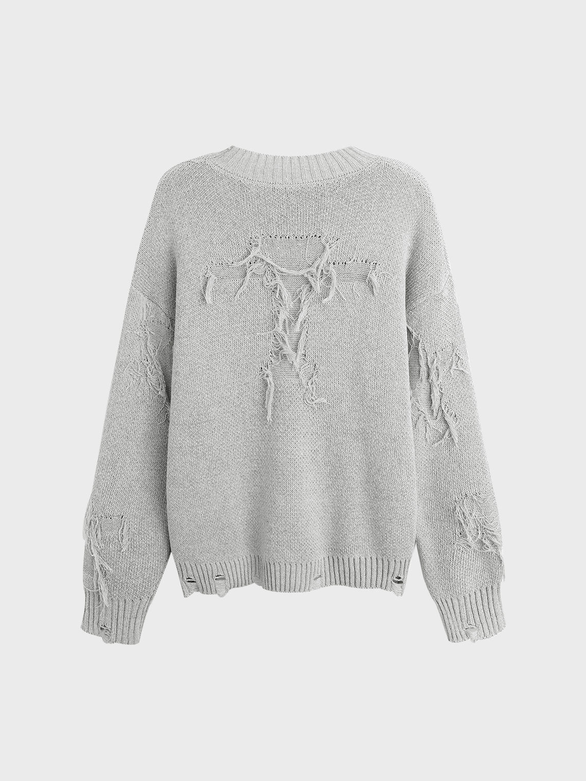 Knitted Raw Edge Crew Neck Cross Long Sleeve Sweater