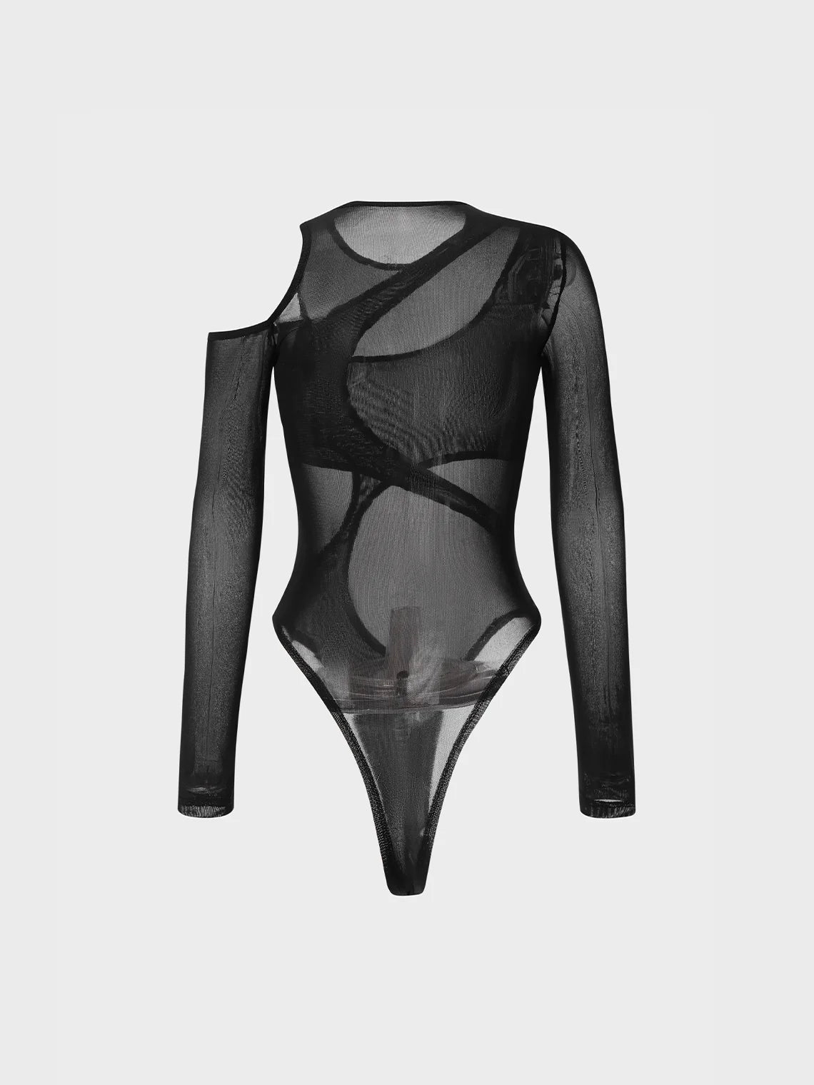 Edgy Black Mesh Asymmetrical Design Arm Sleeves Bodysuit