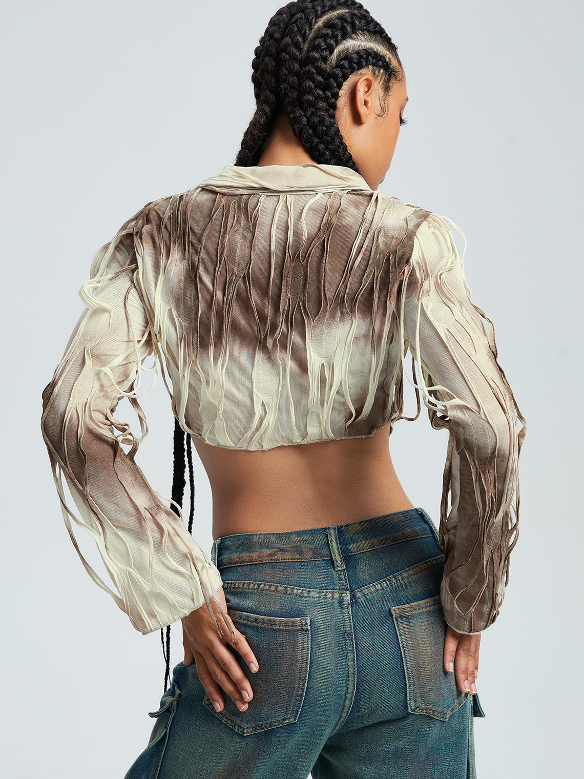 Fringe Shawl Collar Tie Dye Long Sleeve Shirt