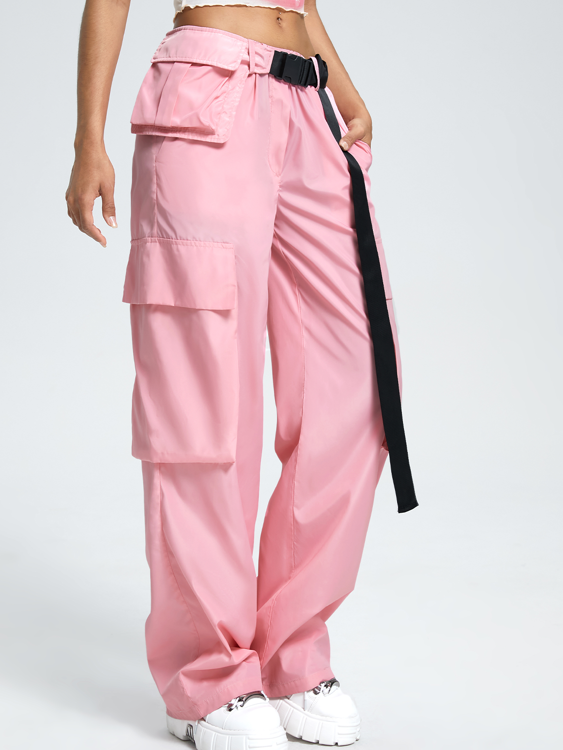 Street Pink Pockets Belt Bottom Pants