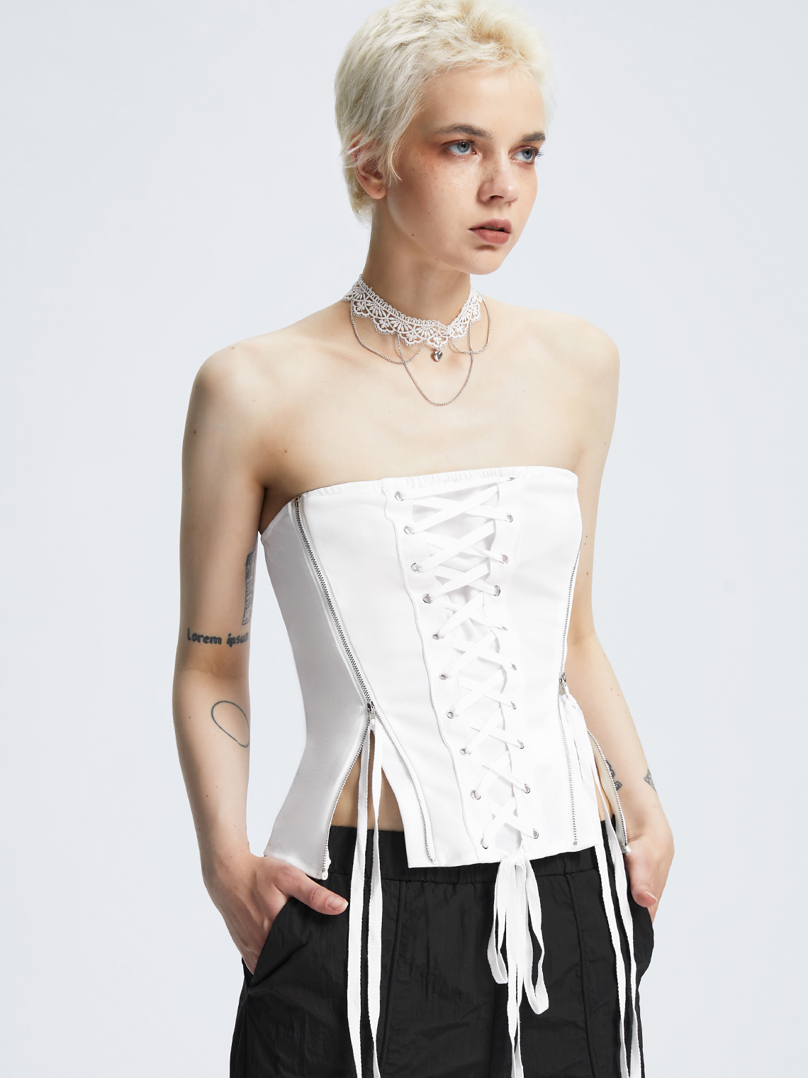 Street White Zip up Lace up Top Women Top