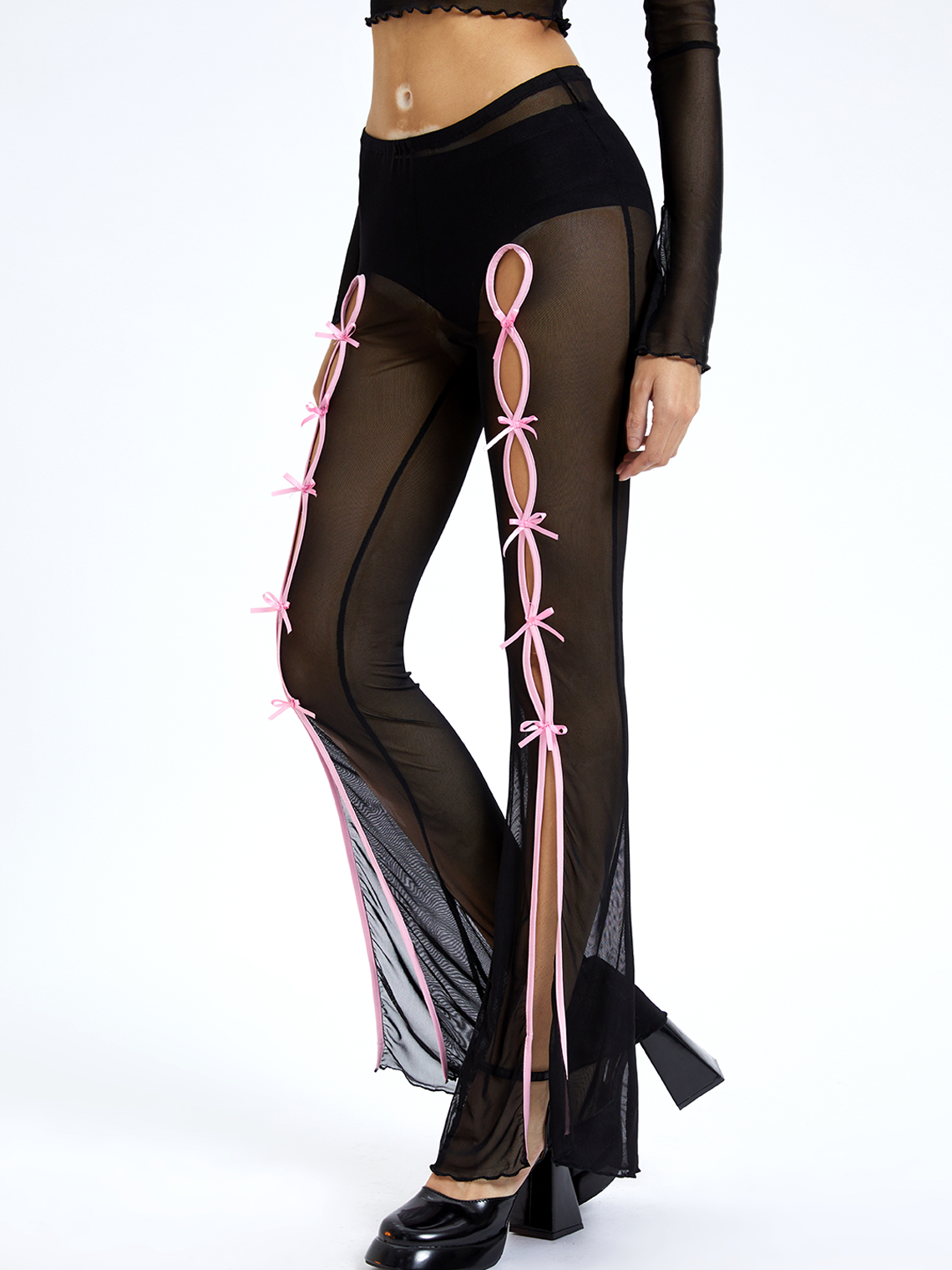 Y2k Black Cut out Color block Mesh Bottom Pants