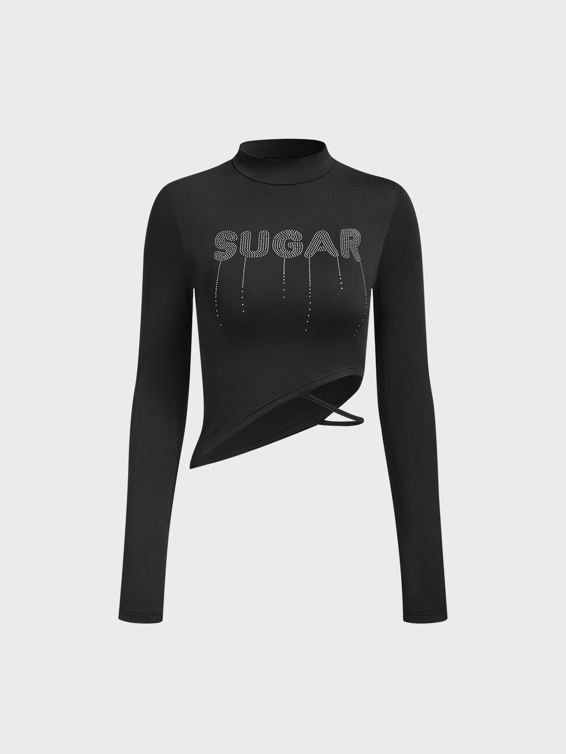 Asymmetrical Rhinestone Stand Collar Text Letters Long Sleeve T-Shirt