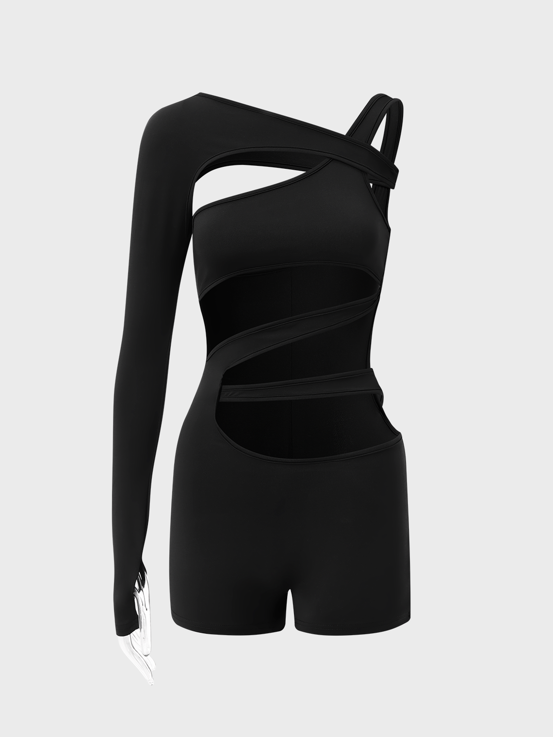 Edgy Black Asymmetrical Design Arm Sleeves Cyberpunk Romper