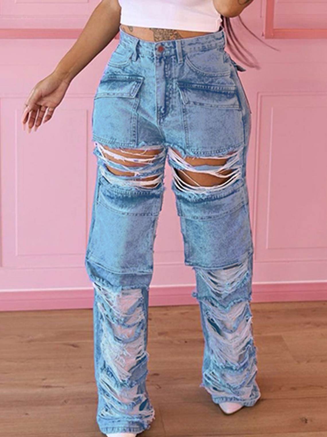 Ripped Raw Edge Plain Jeans