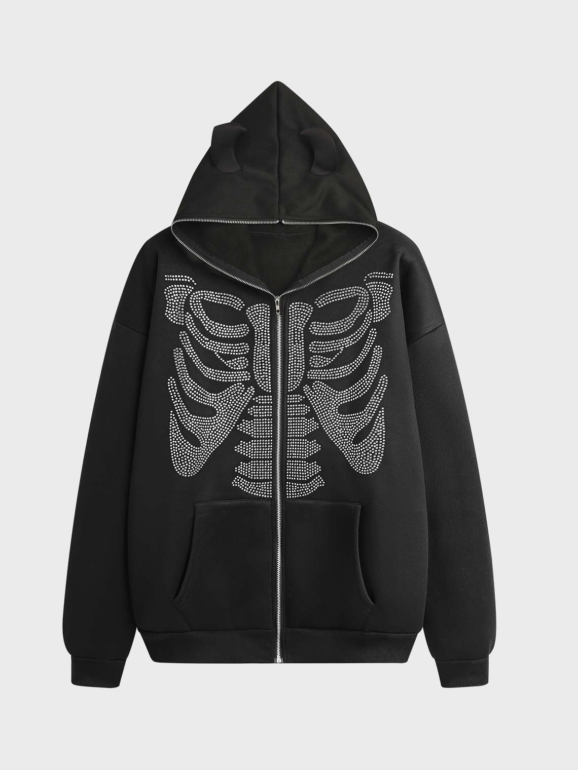 Hotfix Rhinestone Zipper Skull Long Sleeve Hoodie