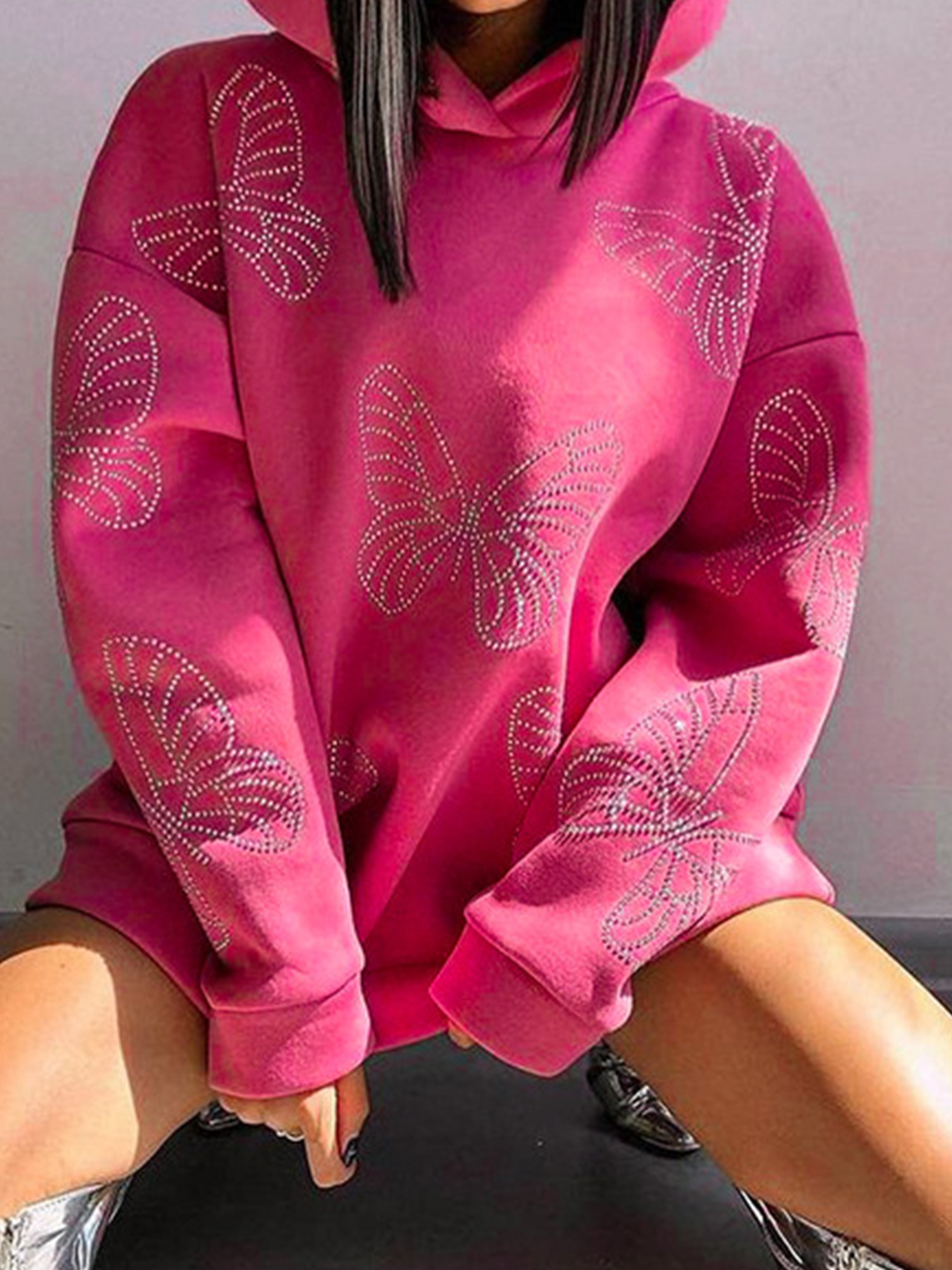 Hotfix Rhinestone Butterfly Long Sleeve Hoodie