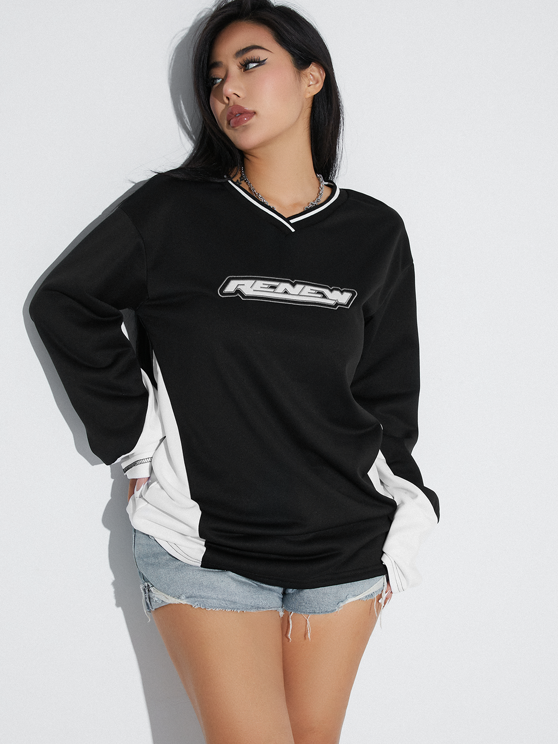 V Neck Color Block Long Sleeve Sweatshirt