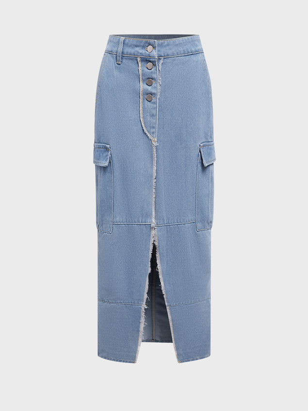 Denim Side Slit Raw Edge Plain Maxi Skirt