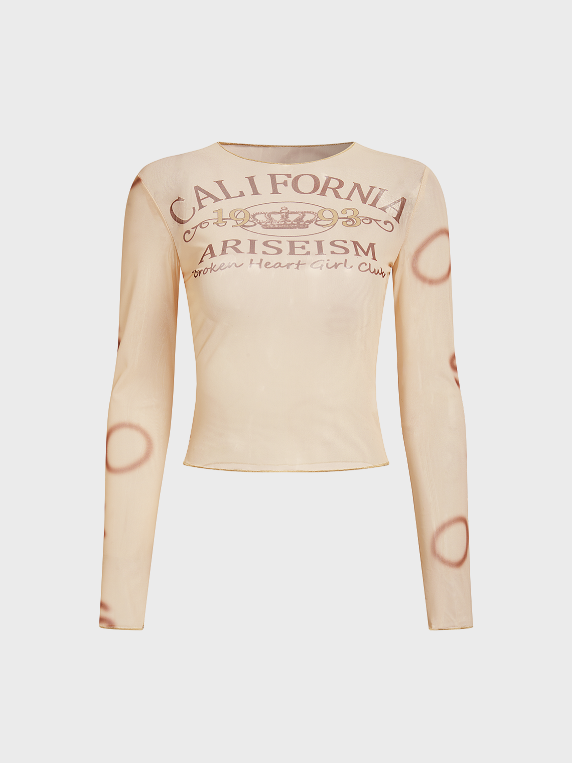 Mesh Crew Neck Text Letters Long Sleeve Blouse