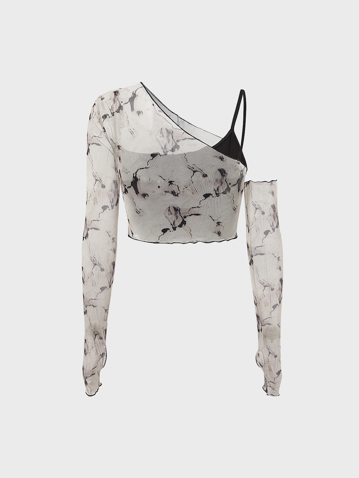 Edgy Gray Marbling Asymmetrical Design Mesh Top Women Top