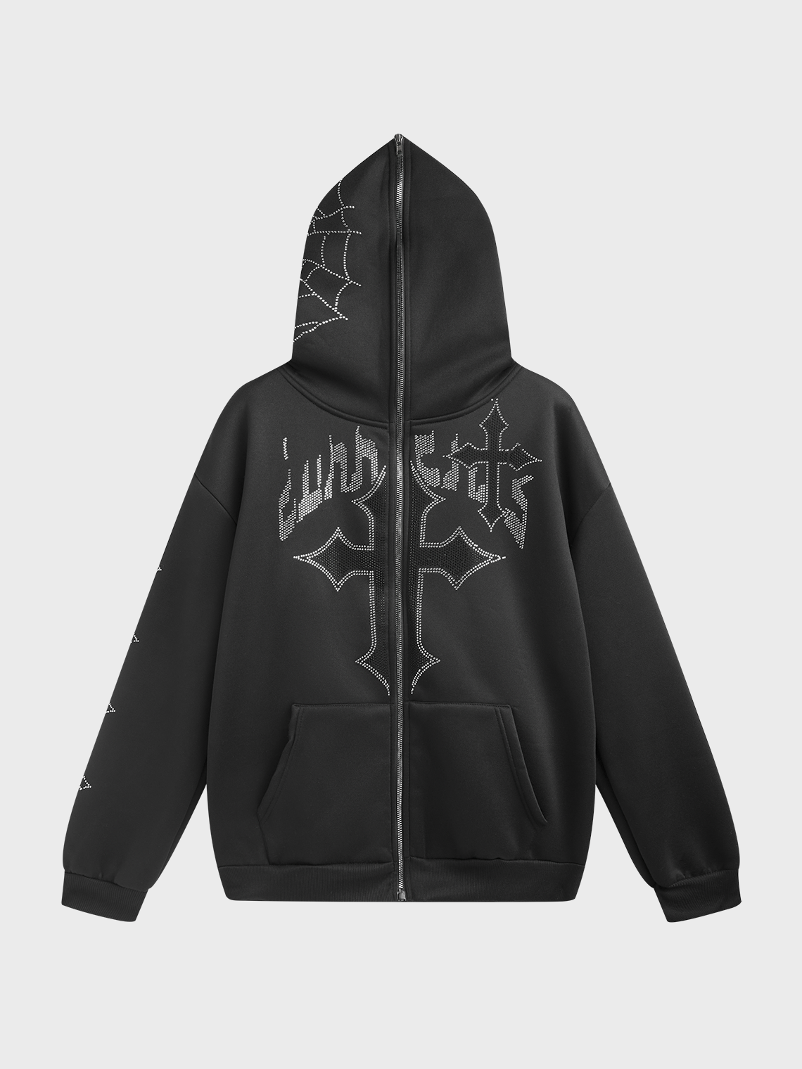 Cross Rhinestone Zipped Pockets Long Sleeve Hoodie