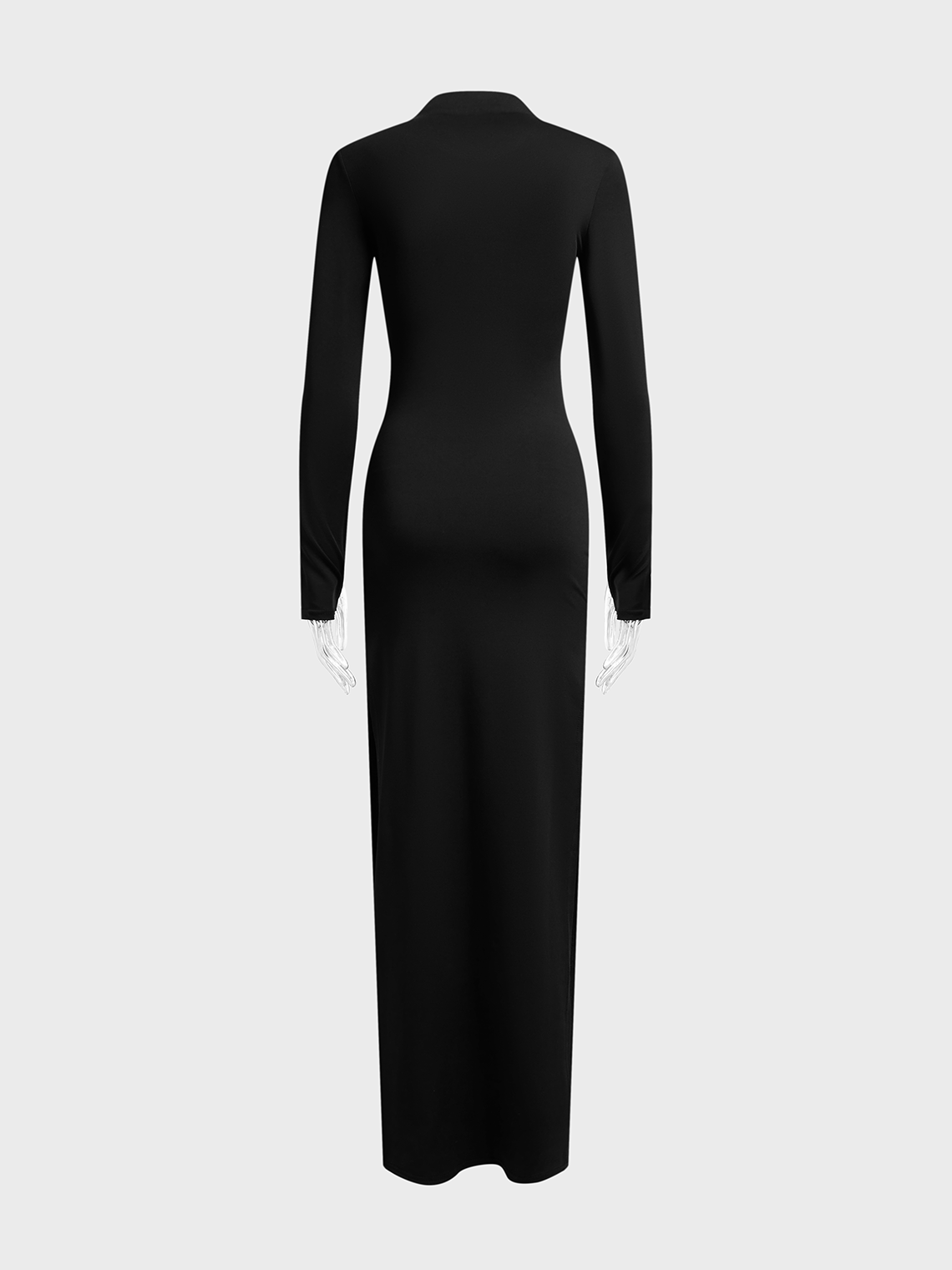 Side Slit Stand Collar Plain Long Sleeve Maxi Dress