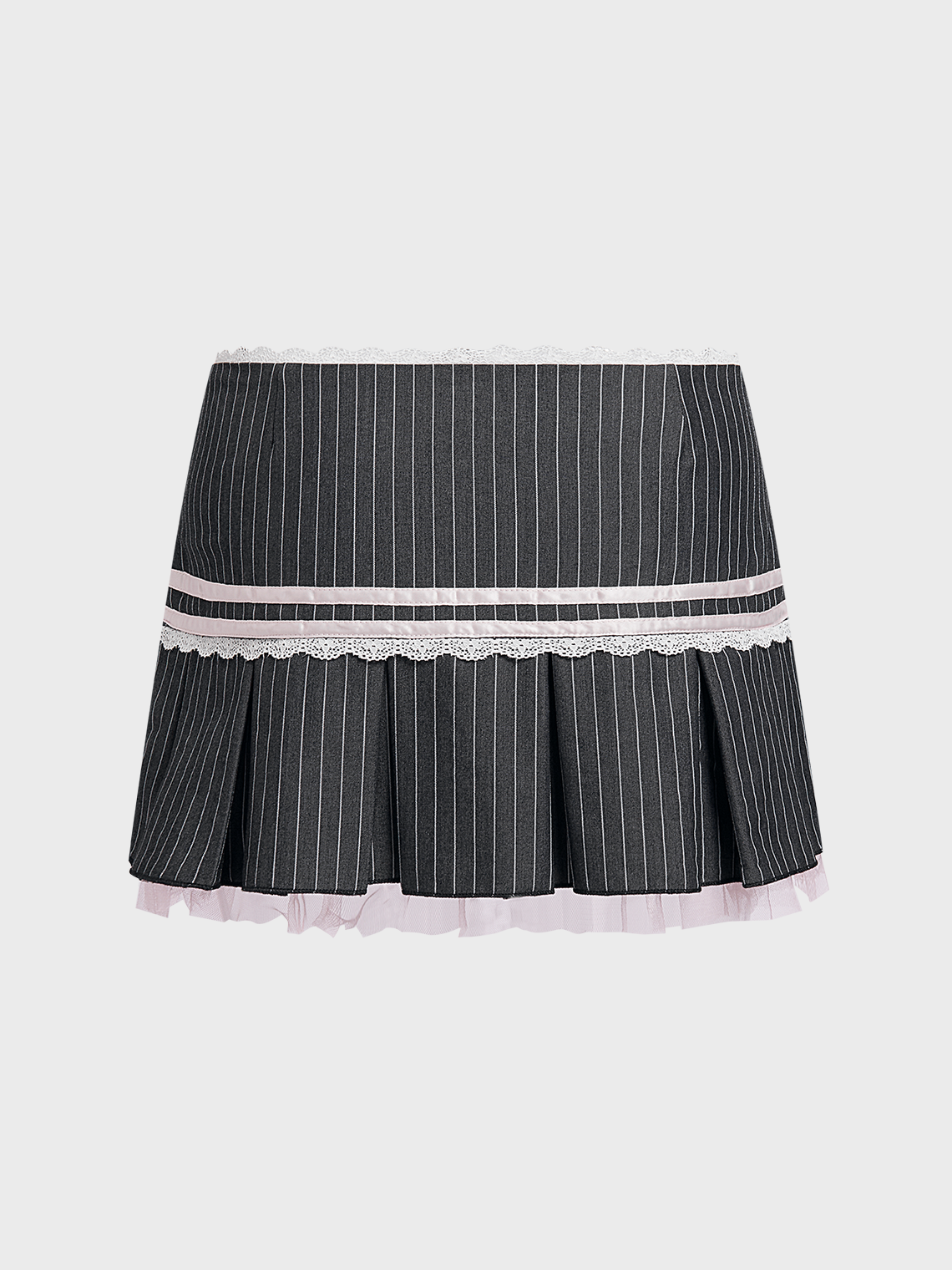 Lace Trim Stripe Pleated Short Skirt