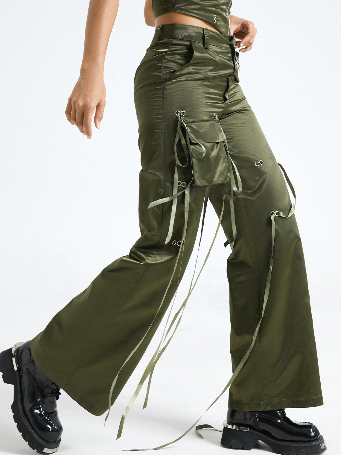 Pockets Lace Up Plain Pants