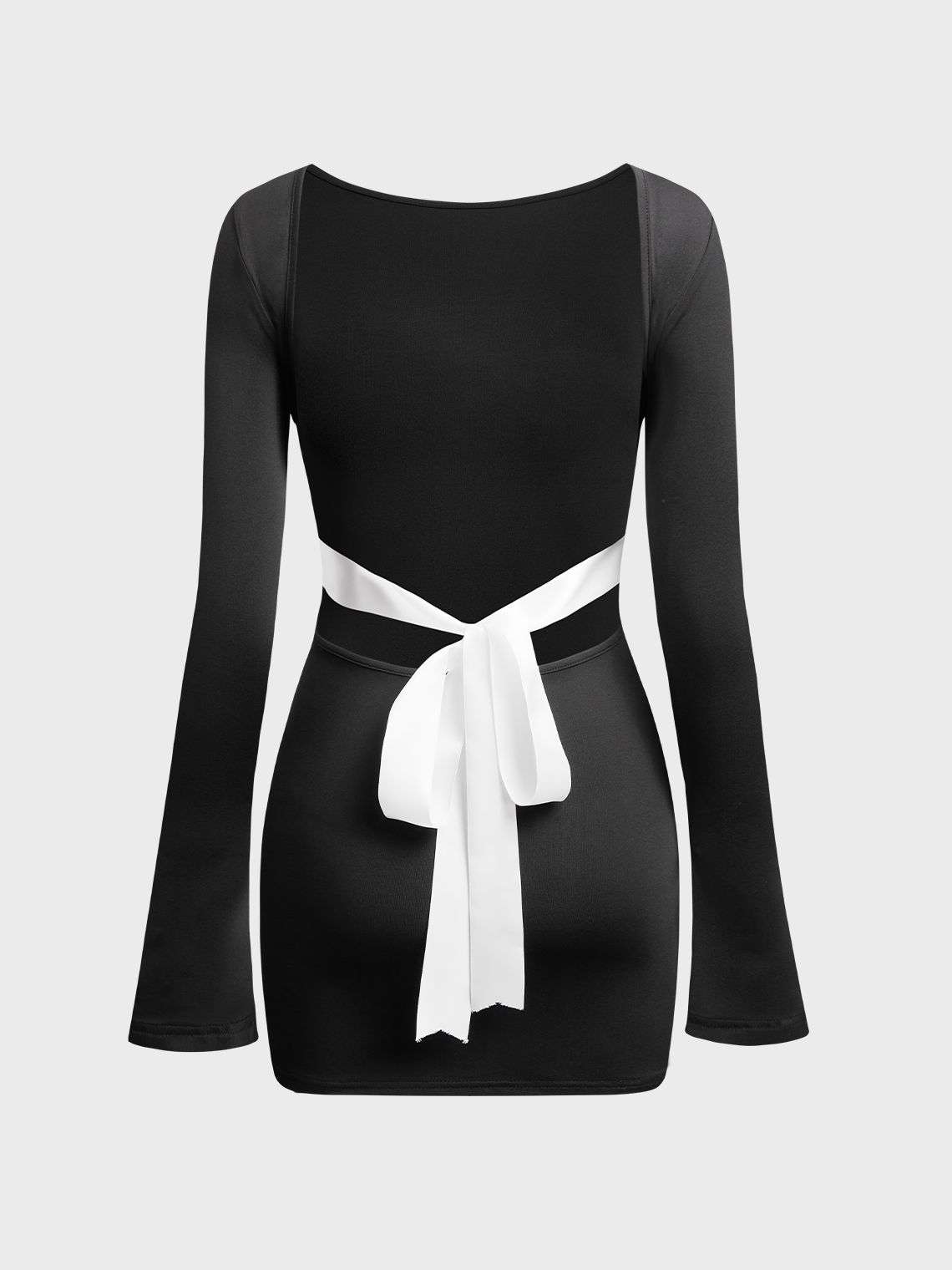 Tie Front Backless Crew Neck Plain Long Sleeve Short Dress