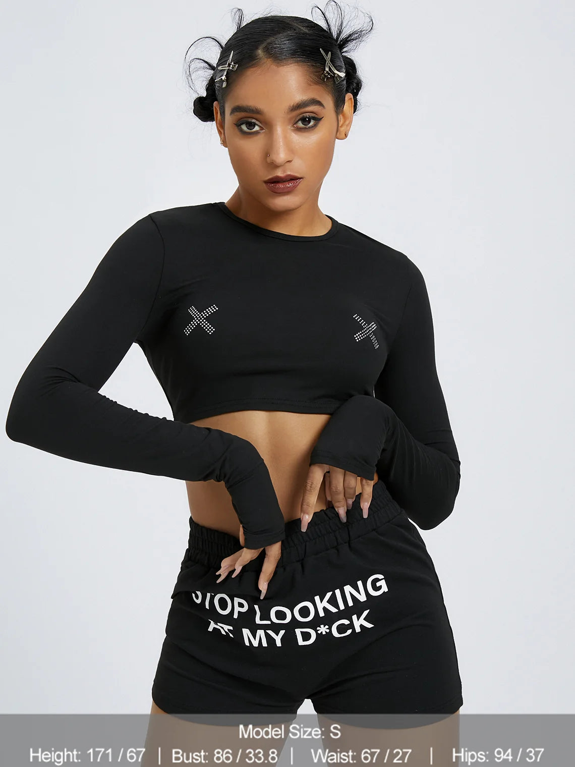 Hotfix Rhinestone Crew Neck Geometric Long Sleeve T-Shirt