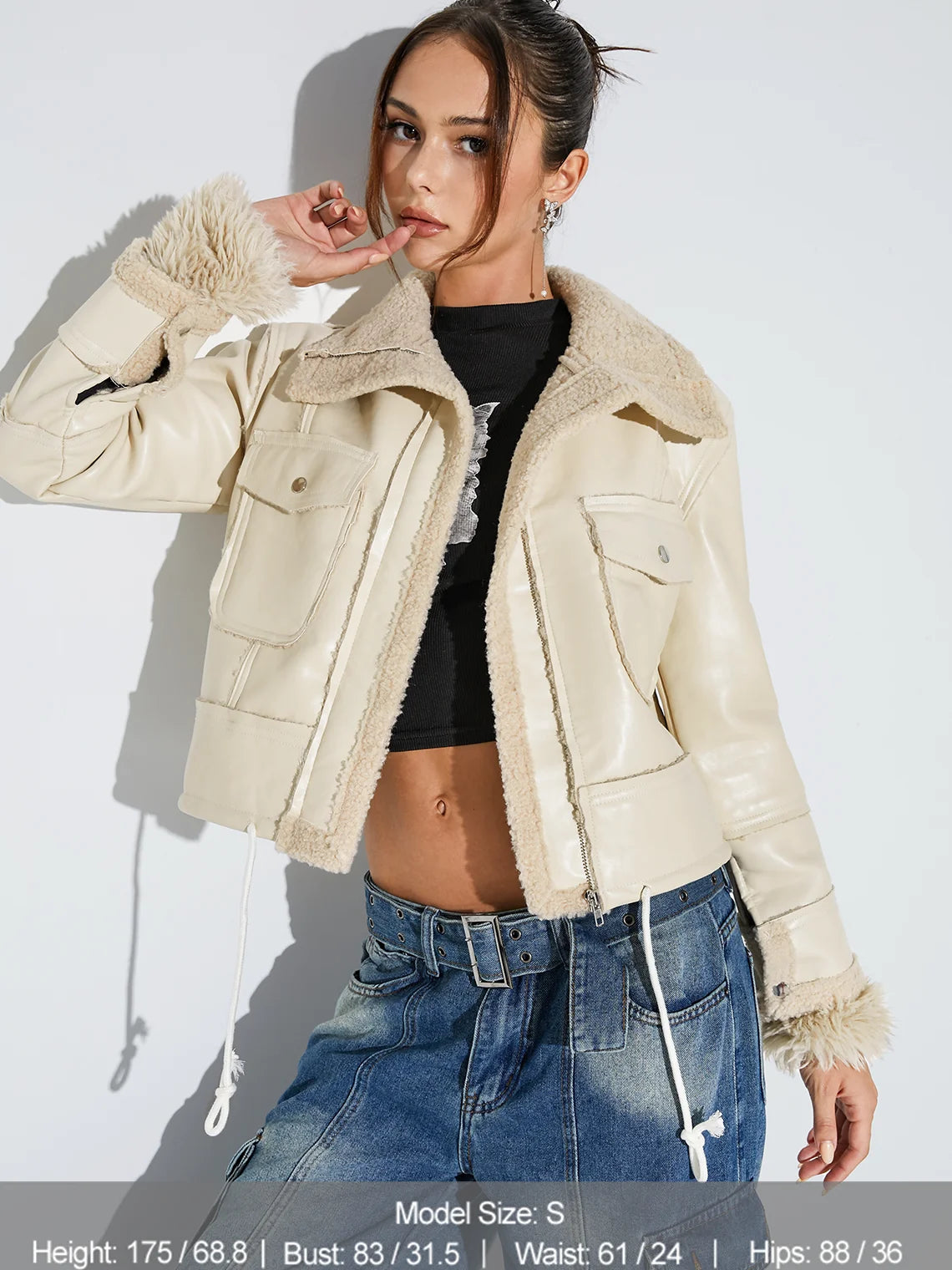 PU Plain Pocket Shawl Collar Biker Jacket