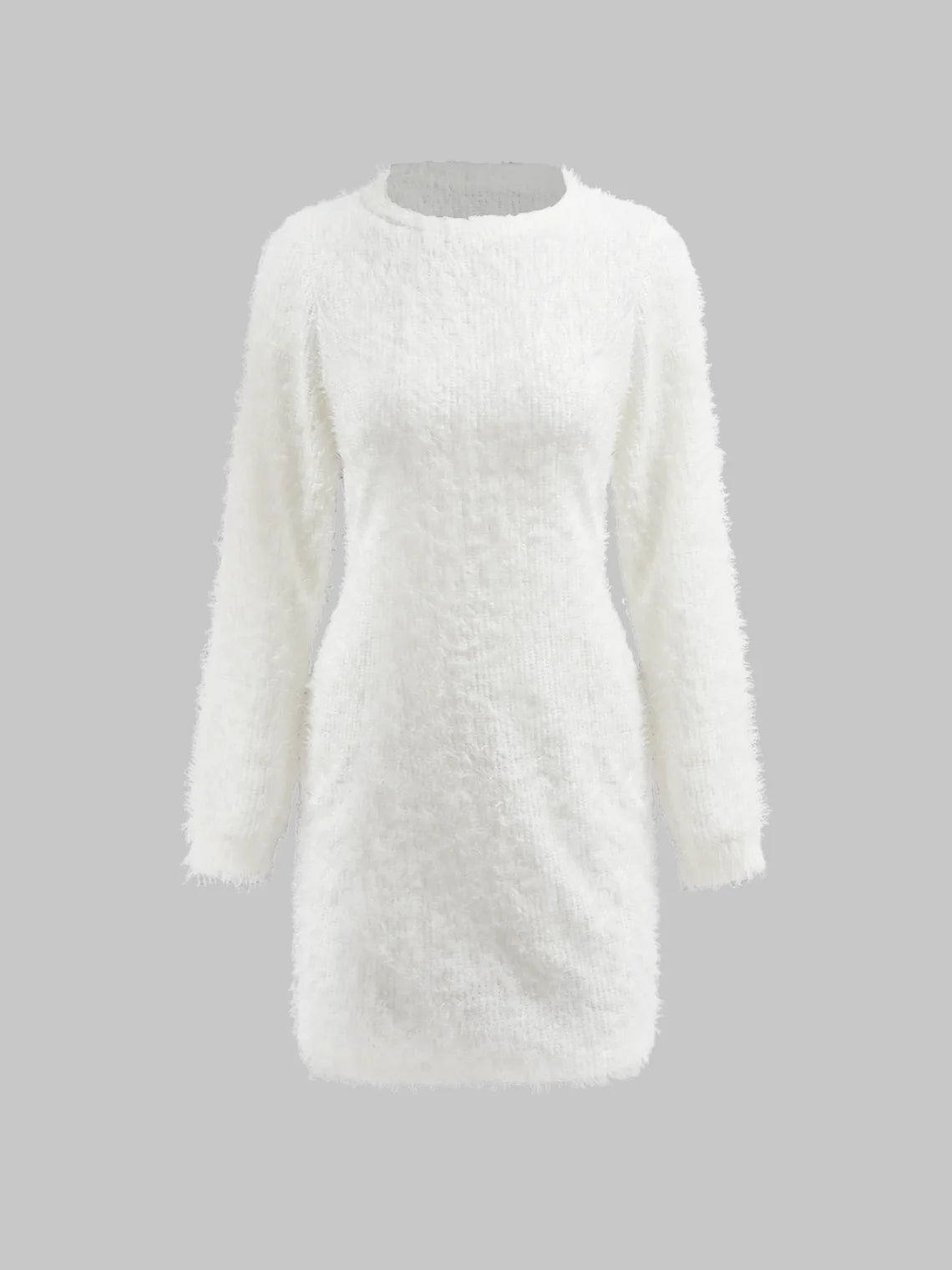 Stand Collar Fuzzy Plain Long Sleeve Short Dress