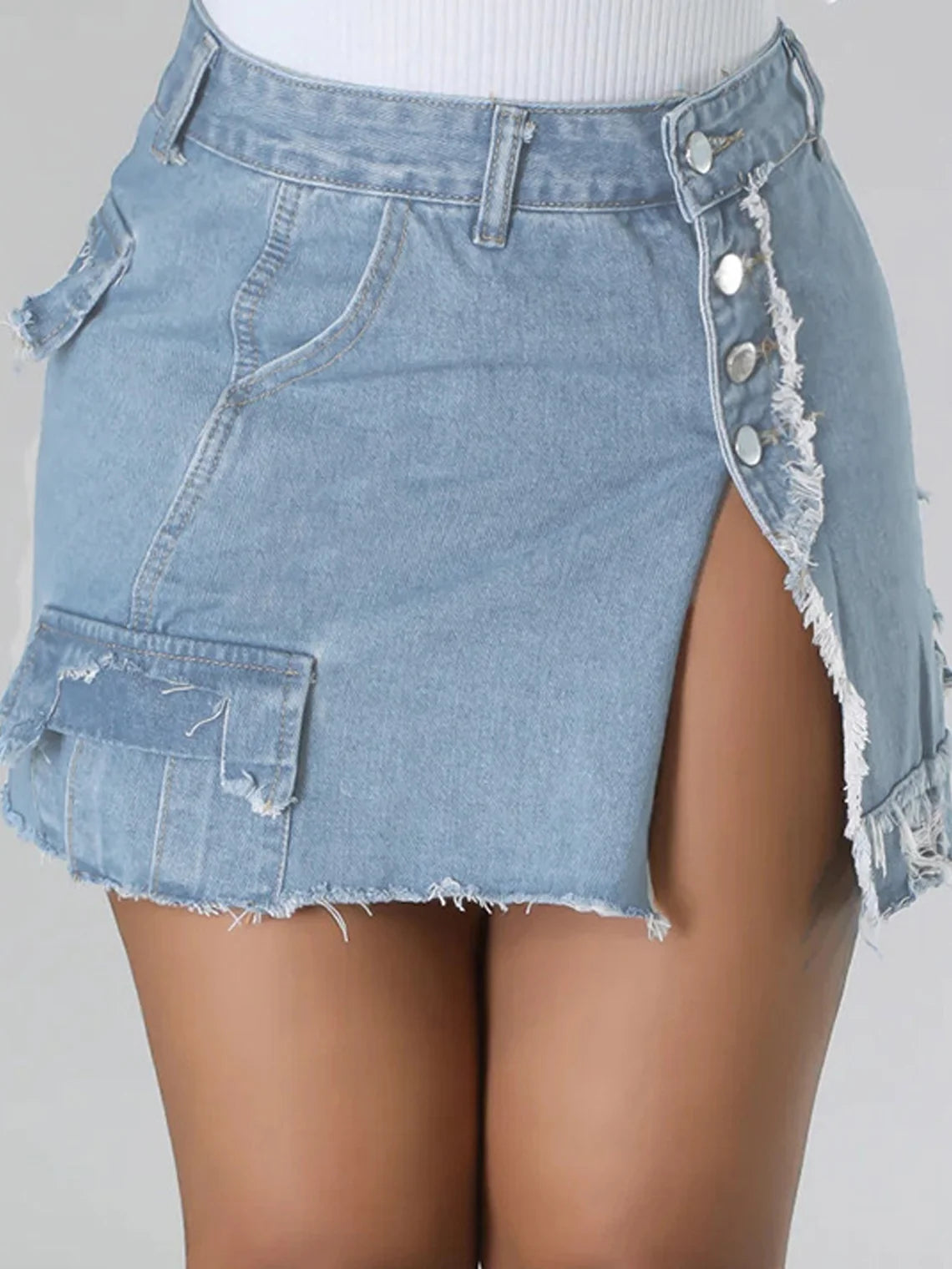 Raw Edge Pockets Plain Short Denim Skirt