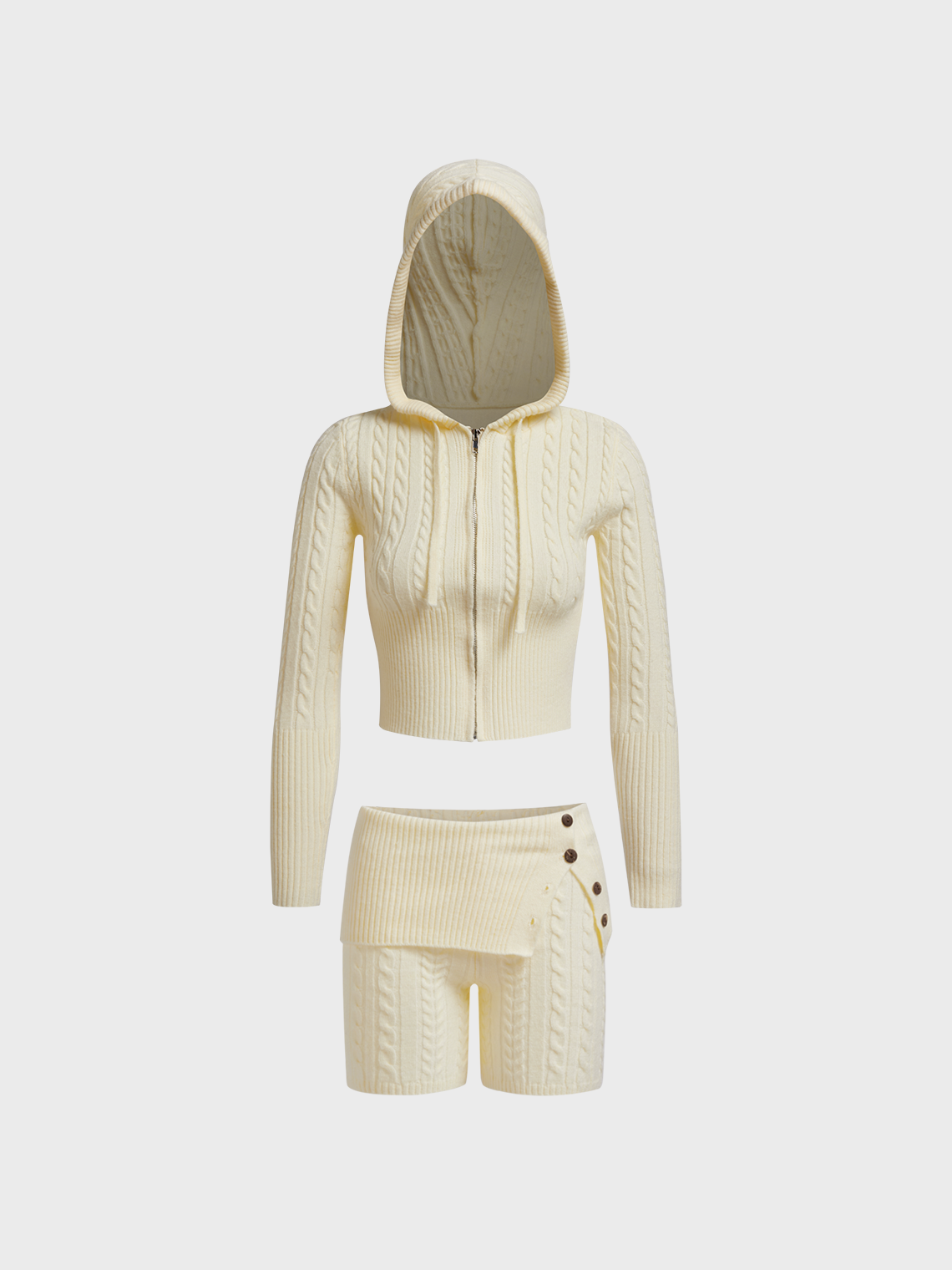 Knitted Hooded Zipper Plain Cardigan With Shorts Two-Piece Set