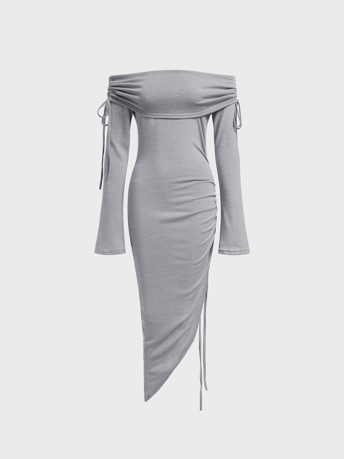 Drawstring Asymmetrical Boat Neck Plain Long Sleeve Midi Dress