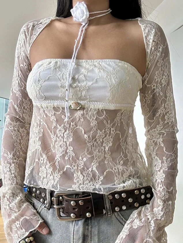 Two Pieces Lace Floral Tube Top With Shrug