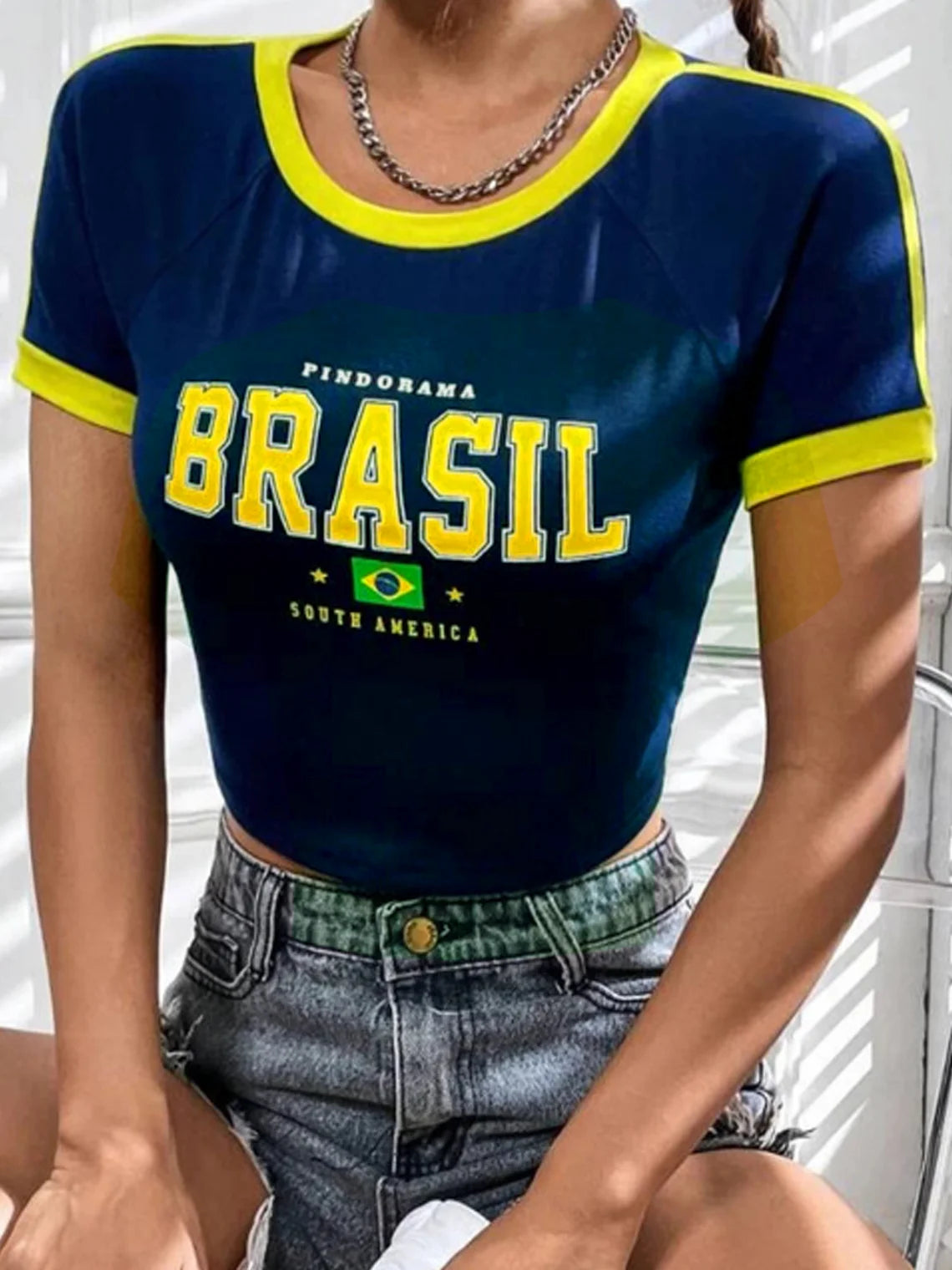 Jersey Brasil Crew Neck Color Block Short Sleeve T-Shirt